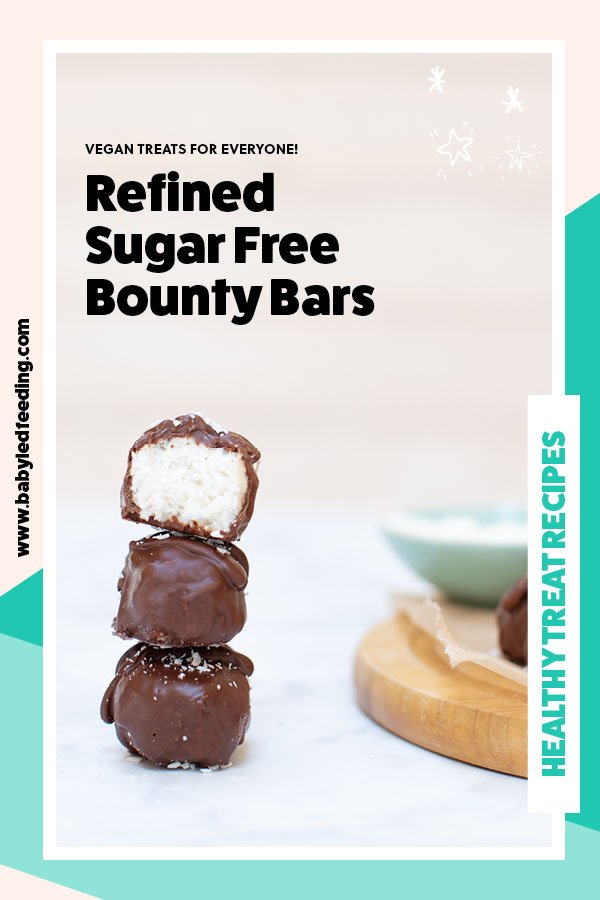 FUN SIZED Healthier Bounty Bar Recipe naturally sweetened with maple syrup & dipped in dark chocolate or optional homemade chocolate. Vegan coconut bar recipe safe for baby led weaning 6 months +. #babyledfeeding #babyledweaning #bountybar #babyfood #babytreat