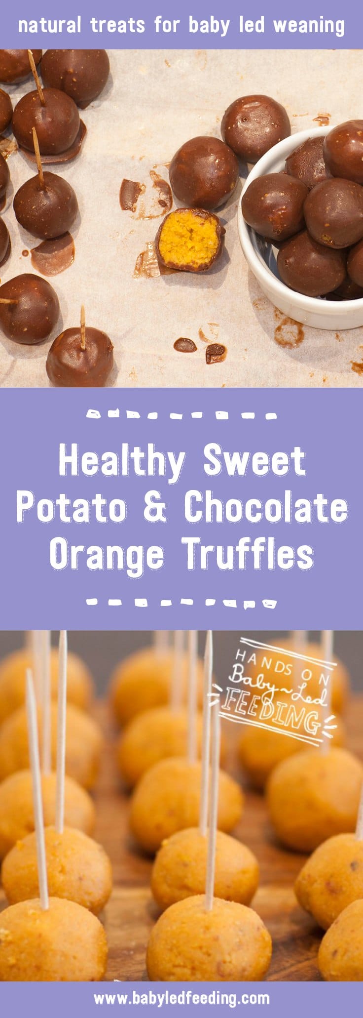 Sweet Potato & Orange Chocolate Truffles -Vegan & Refined Sugar Free. Roasted sweet potato, sweet dates, fragrant orange oil, orange juice, coco, with optional cashew butter. These make a delicious healthy snack for toddlers, moms, and dads! Use as a sweet appetizer or a healthy dessert. These babies are freezer friendly making this an easy make ahead recipe. #truffles #vegan #makeahead #babyledweaning #babyledfeeding #sweetpotato