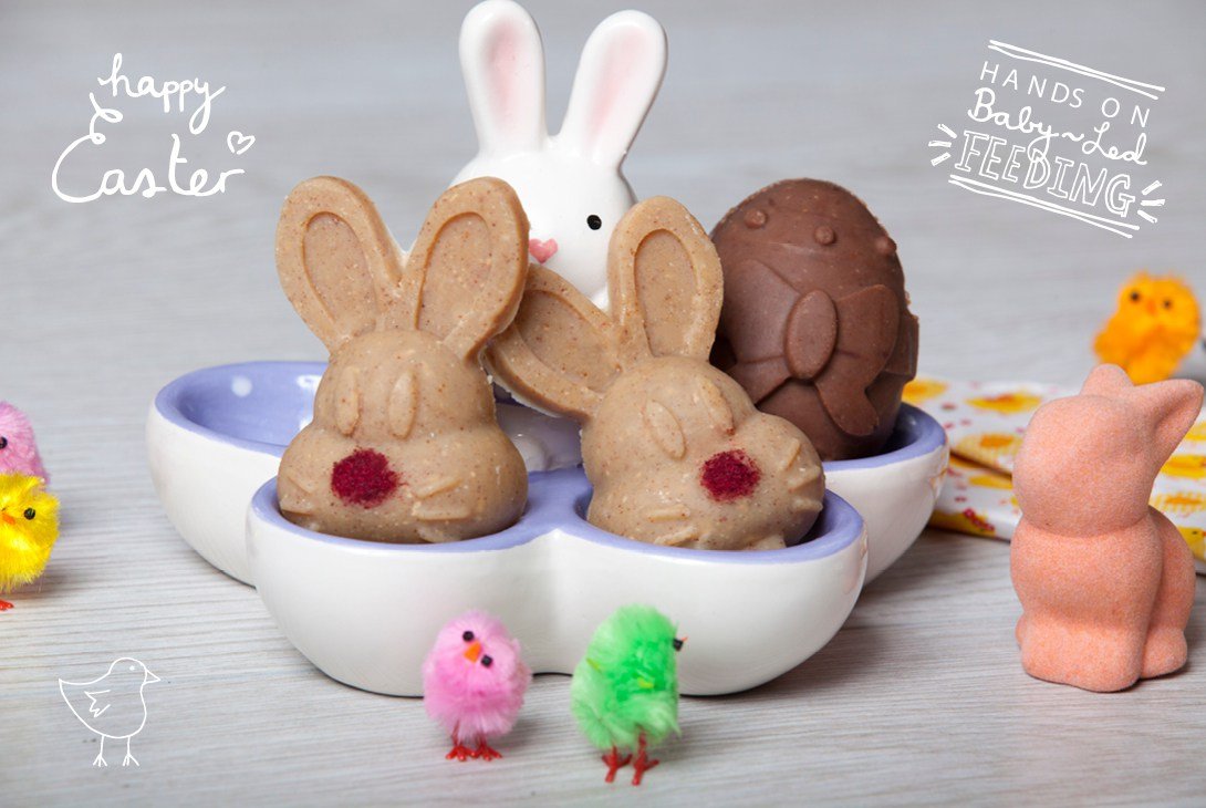 Baby Led Feeding White Chocolate Bunnies and Milk Chocolate Easter Eggs.