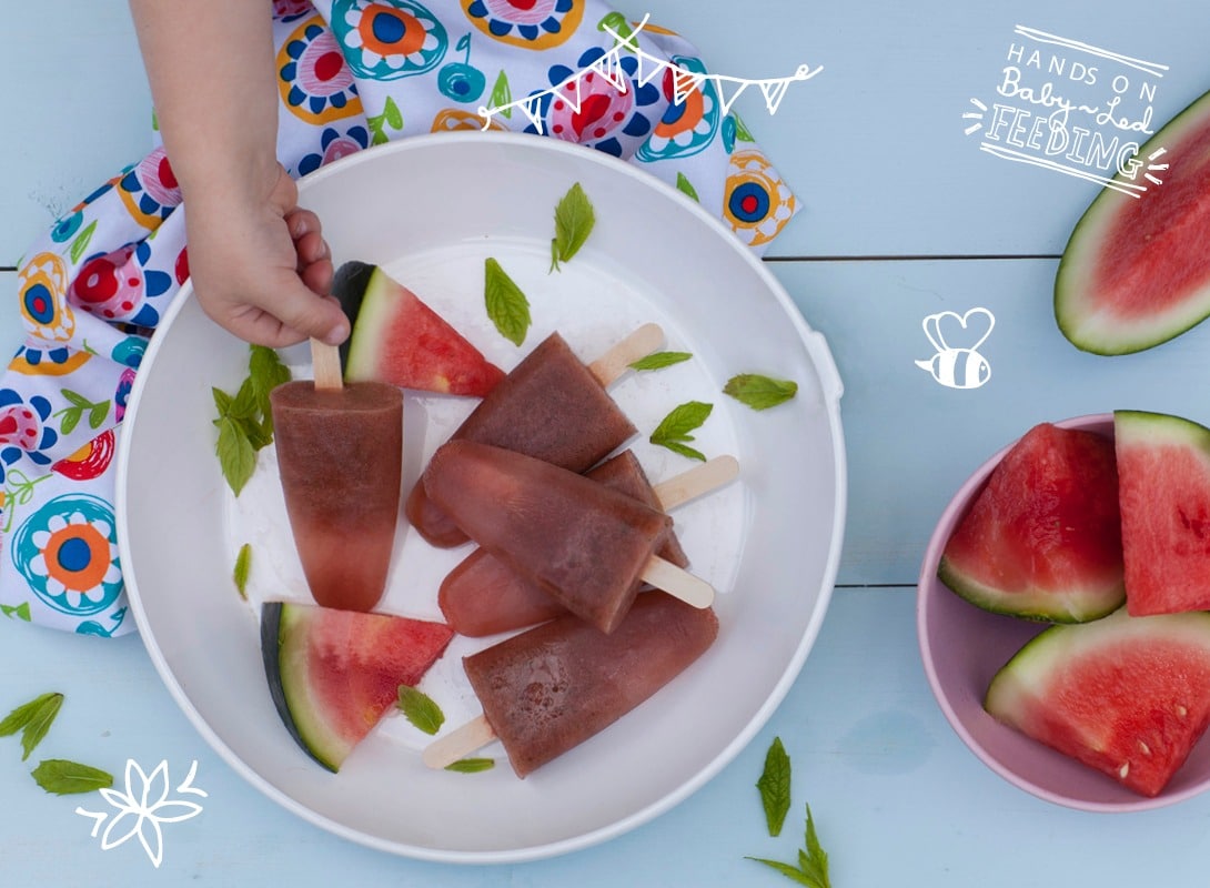Baby Led Feeding Melon and Mint Zingy Pops Main Image. Healthy Homemade Baby Food Recipes Featured Image. Summer baby recipe ideas. Teething Babies.