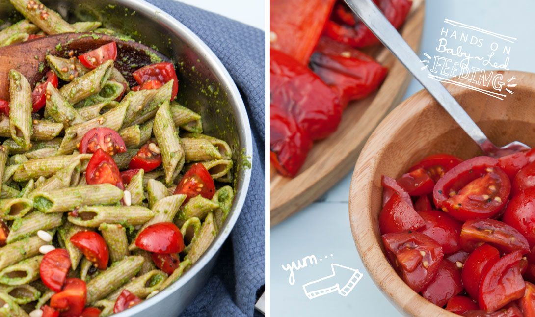 Baby Led Feeding 10 Minute Pesto Pasta with Roasted Vegetables and Balsamic Tomatoes. Homemade Baby led weaning Recipes Aileen Cox Blundell.