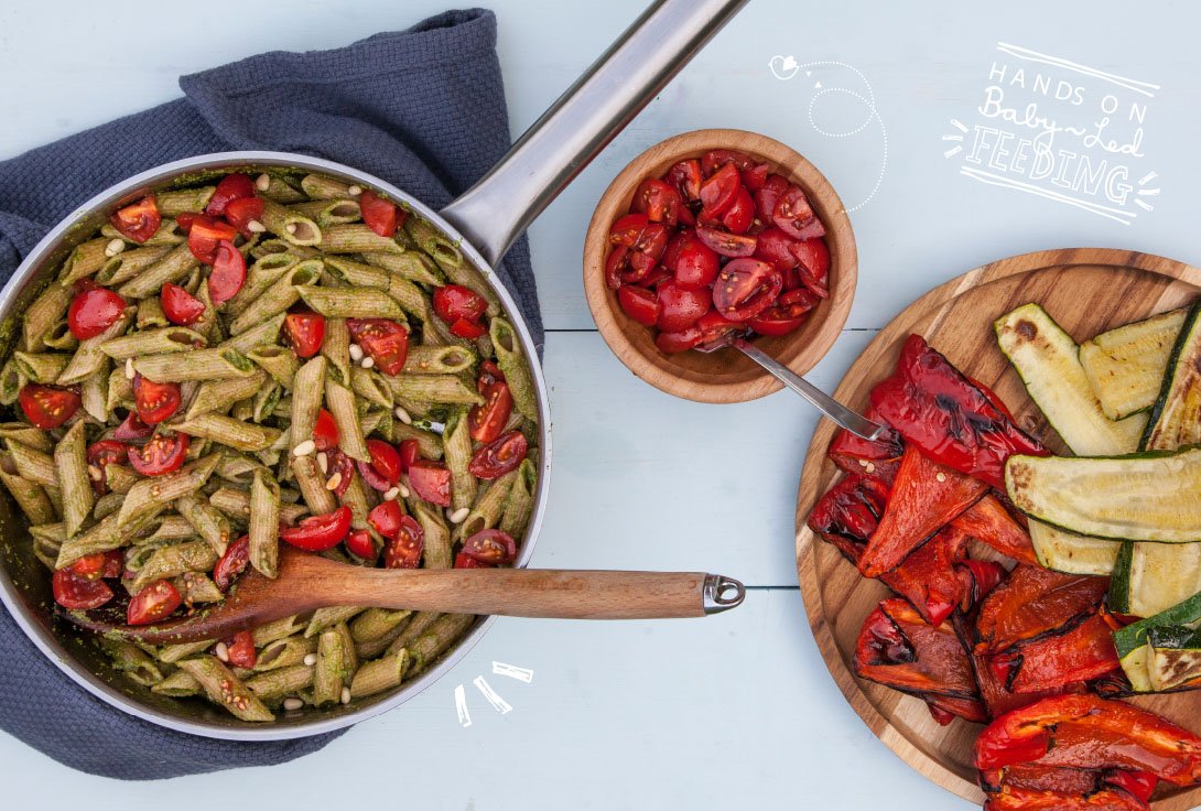 Baby Led Feeding 10 Minute Pesto Pasta with Roasted Vegetables and Balsamic Tomatoes Full Banner Image. Homemade Baby led weaning Recipes Aileen Cox Blundell. 