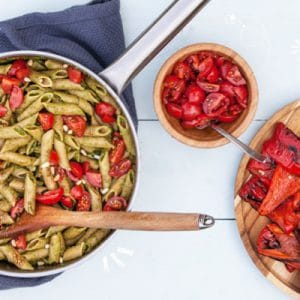 Super Quick Pesto Pasta with Roasted Veggies and Balsamic Tomatoes