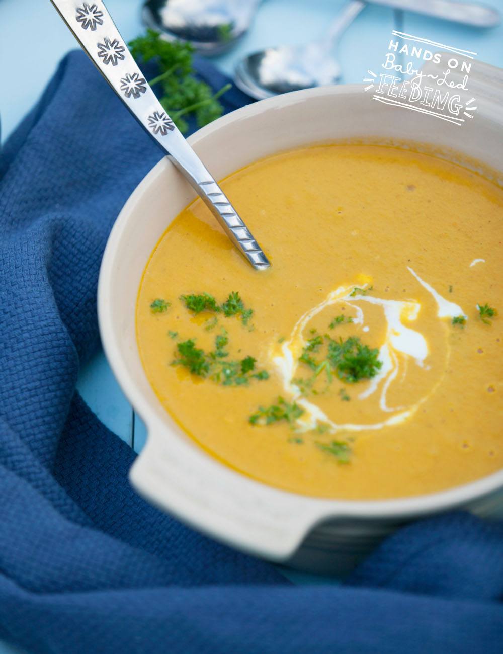 Curried Carrot and Coconut Soup especially for Baby Led Feeding Zoomed in soup image for recipe. A delicious soup packed with nutrients and perfect recipe for blw. Soup Lunch ideas for baby led weaning.