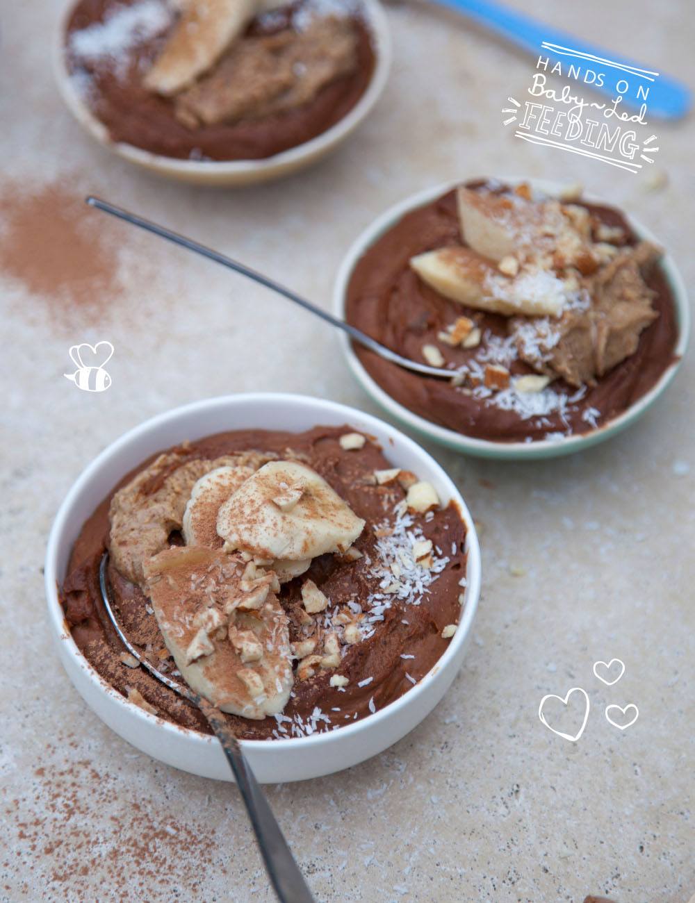 A really healthy chocolate mousse made using sweet potato and banana 3 bowls of chocolate photography and chocolate food styling Ireland. This really delicious blw recipe for Baby Led Weaning is a yummy treat for kids and really healthy too. These can also be frozen to make teething pops for babies.