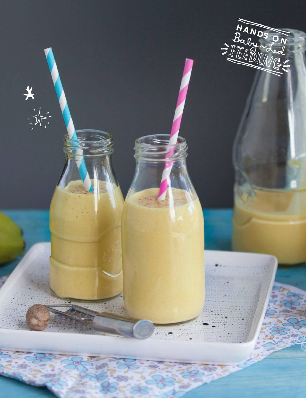 Turmeric and Banana Lassi Baby Led Feeding Large Smoothie Image. A deliciously healthy and creamy smoothie full of yummy goodness. These can also be frozen to make teething pops for babies.