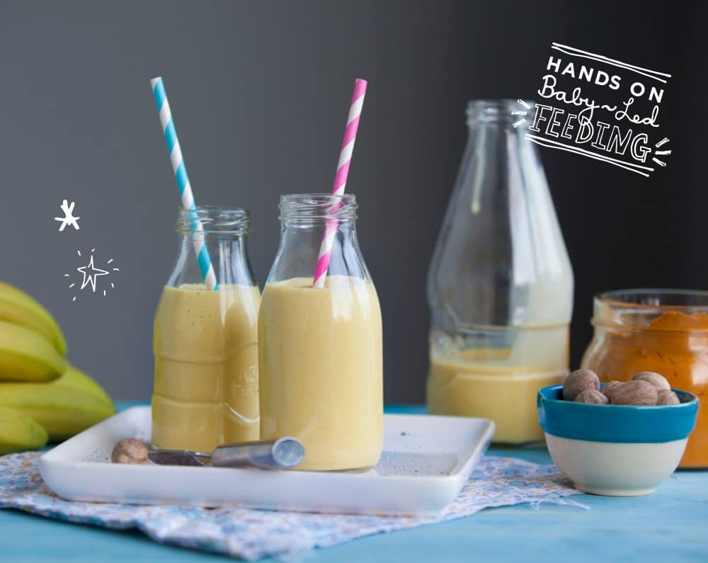 Turmeric and Banana Lassi Baby Led Feeding beautiful and healthy smoothies Image. A deliciously healthy and creamy smoothie full of yummy goodness. These can also be frozen to make teething pops for babies.