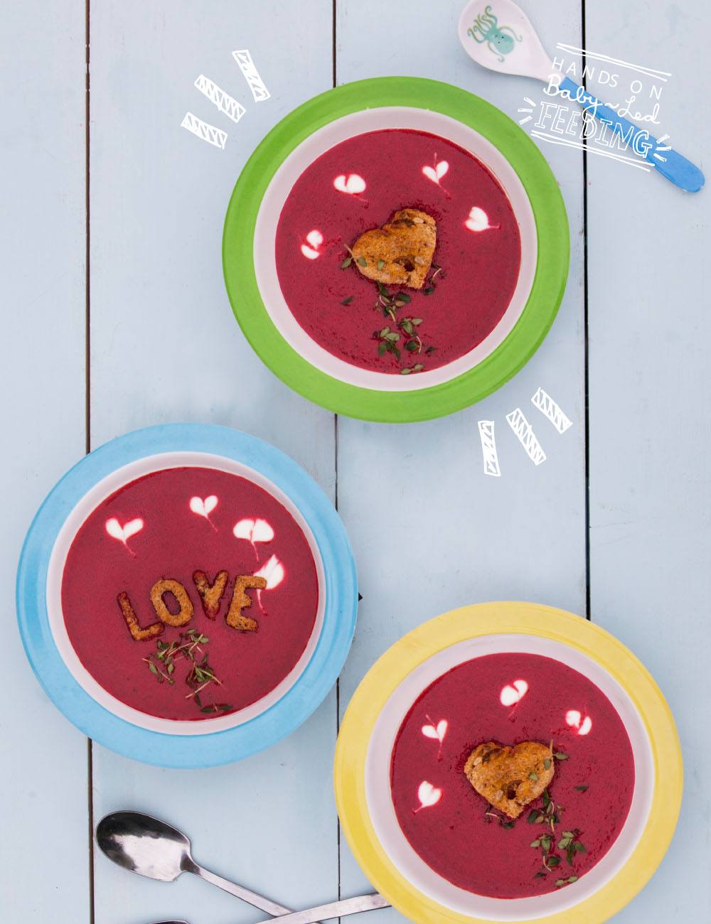 Easy and healthy beetroot and ginger soup for baby led weaning, toddlers, and parents alike. Made with colorful beetroot, flavorful fresh ginger, onion, hearty broccoli, nutty coconut milk, served with fresh yogurt and thyme. #beetroot #soup #souprecipe #valentinesdayideas #valentines #babyledweaning #babyledfeeding #soupinspiration 