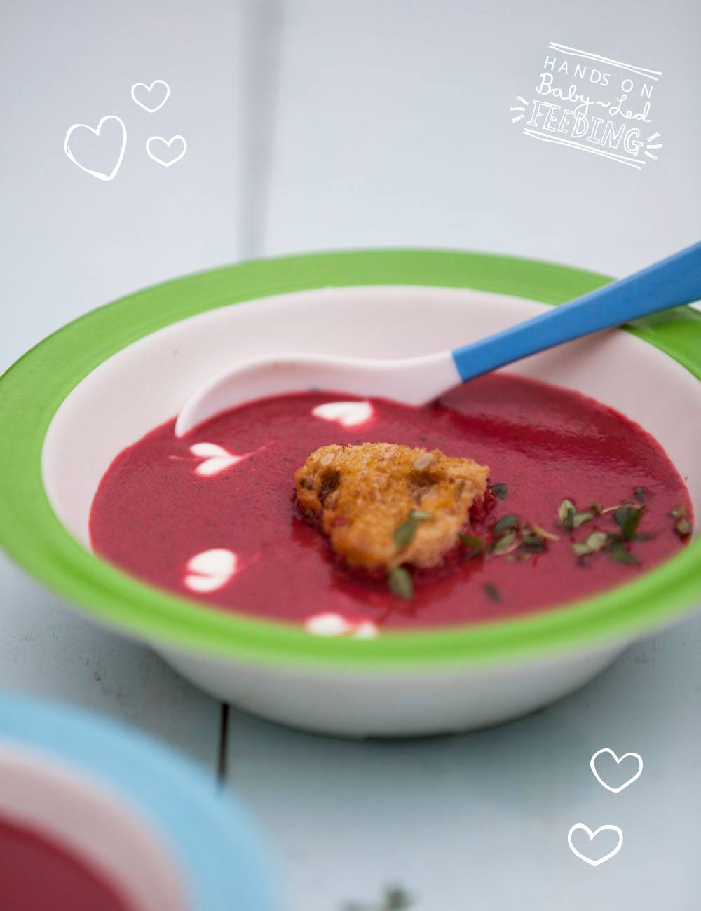 Easy and healthy beetroot and ginger soup for baby led weaning, toddlers, and parents alike. Made with colorful beetroot, flavorful fresh ginger, onion, hearty broccoli, nutty coconut milk, served with fresh yogurt and thyme. #beetroot #soup #souprecipe #valentinesdayideas #valentines #babyledweaning #babyledfeeding #soupinspiration 