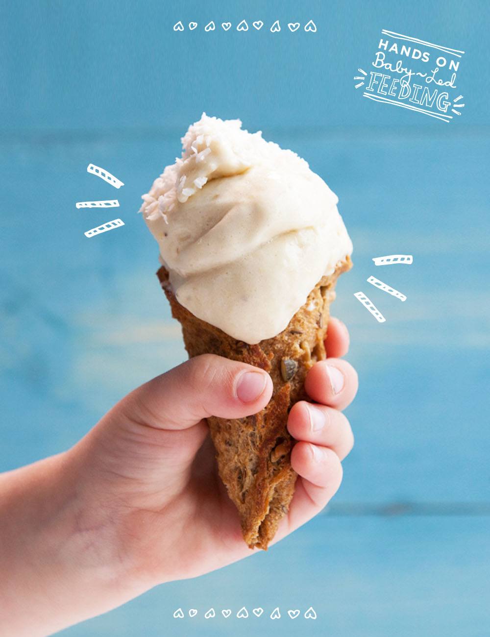 Super Cute Brown Bread Ice Cream Cones filled with a yummy banana and pineapple nice cream. Full image within recipe post. Just the perfect treat for kids on a summers day. Easy to make and so nutritious, refined sugar free treat packed with goodness. 