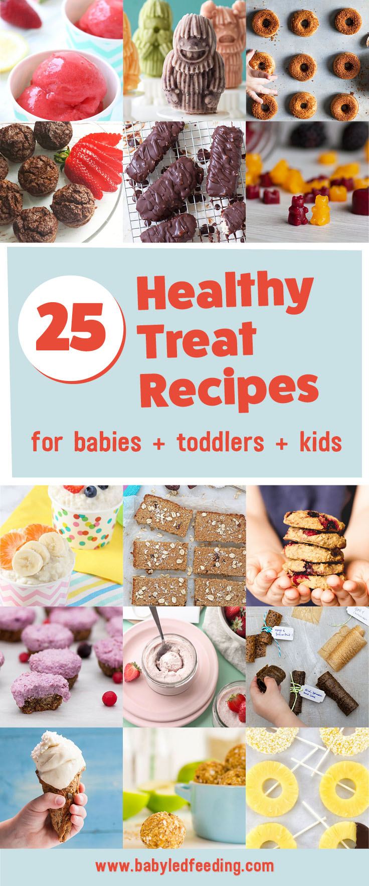 Easy snack recipe for baby led weaning, toddlers, and kids! Healthy treat recipe that are refined sugar free, low sugar, low salt, and packed with whole grains and fruits! No bake bites, healthy doughnuts, homemade fruit roll ups, fruit bars, healthy cookies and more! You can feel good about giving your children these healthy sweet treats! #healthysweets #babyledweaning #kidsnacks #toddlersnacks #babyfood #healthykids 