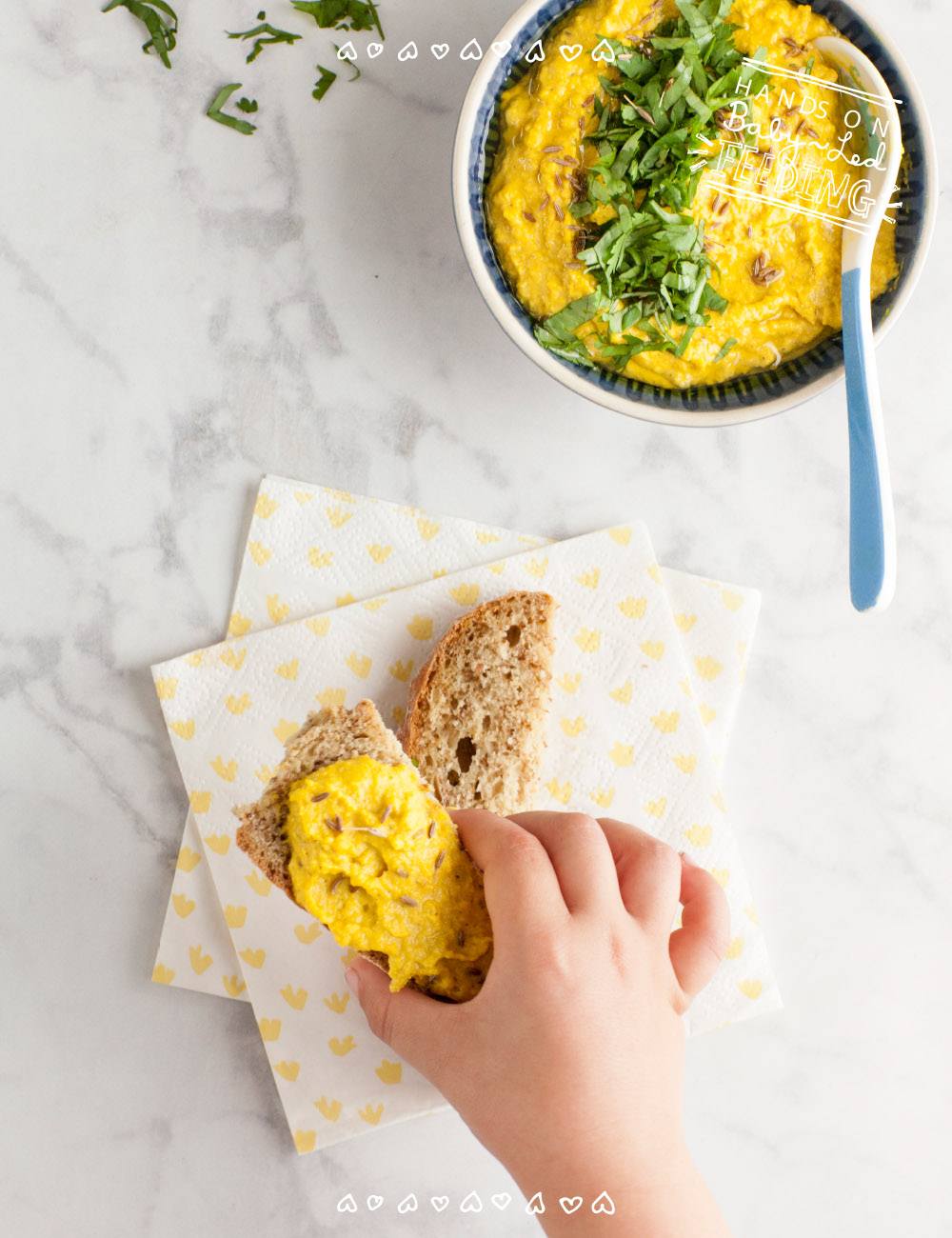 Healthy Baby Friendly Curried Hummus from Baby Led Feeding dip and sauces recipe Long recipe image with baby hand and hummus from the best selling author Aileen Cox Blundell. Homemade healthy baby sauce and dip.