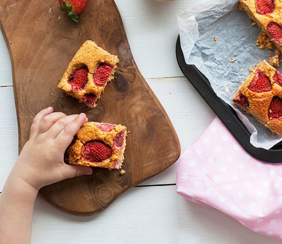 Baby Led Feeding- image of healthy strawberry blondies recipe