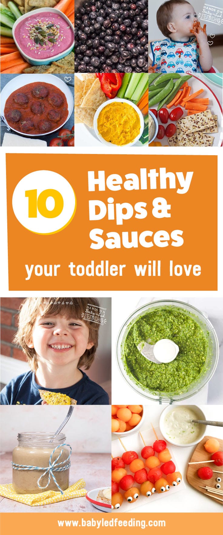 10 Easy Healthy Dip and Sauce Recipes that are Baby Led Weaning Friendly. Fruit dips, veggie dips, pita dips, and jams!  Family friendly recipe that are great for picky eaters and accompany finger foods perfectly! #diprecipe #saucerecipe #veggies #pickyeater #babyledweaning 