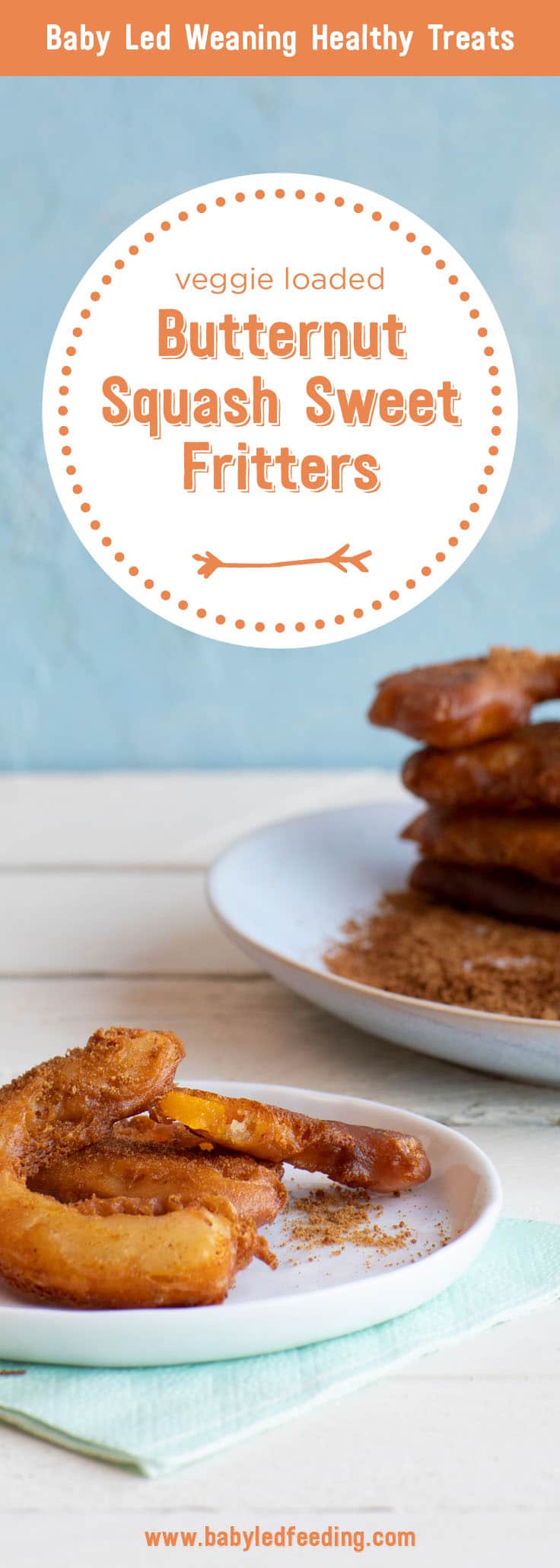 Low fat, high fiber, and refined sugar free. Sweet Butternut Squash Fritters are loaded with flavour from healthy butternut squash, cinnamon, nutmeg, and coconut sugar. This is an easy healthy finger food with a Fall flavour flair for baby led weaning and healthy toddler snacks. #babyledweaning #babyledfeeding #butternutsquash #fingerfood #toddlerfood #vegetarian 