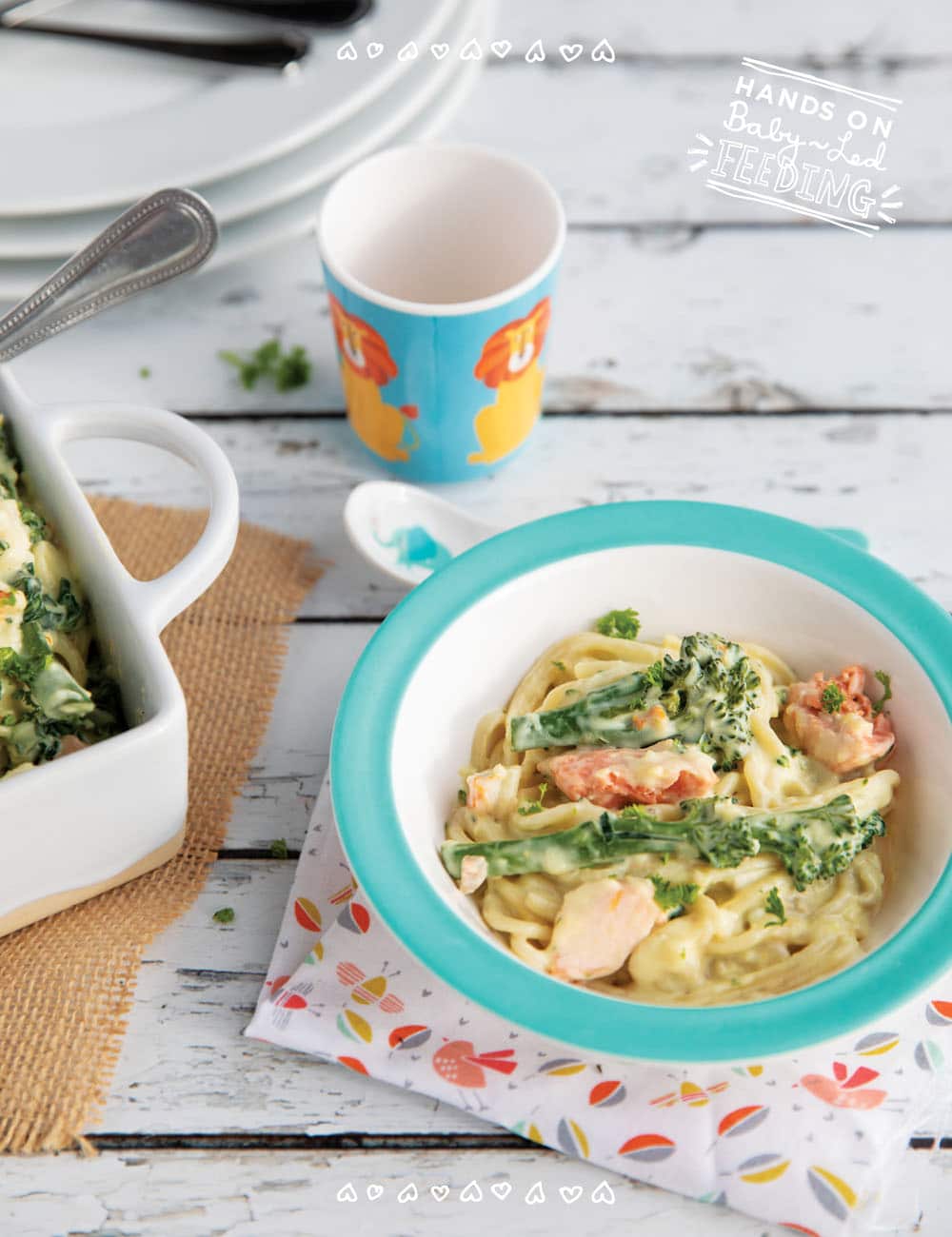 Baby Led Weaning friendly creamy seafood pasta with crushed garlic, Irish cream, tenderstem broccoli, and kale. An easy healthy recipe for the entire family that is loaded with Omega 3s, vitamin C, A, and K! #babyledweaning #babyledfeeding #pasta #seafood #seafoodpasta #familyfood