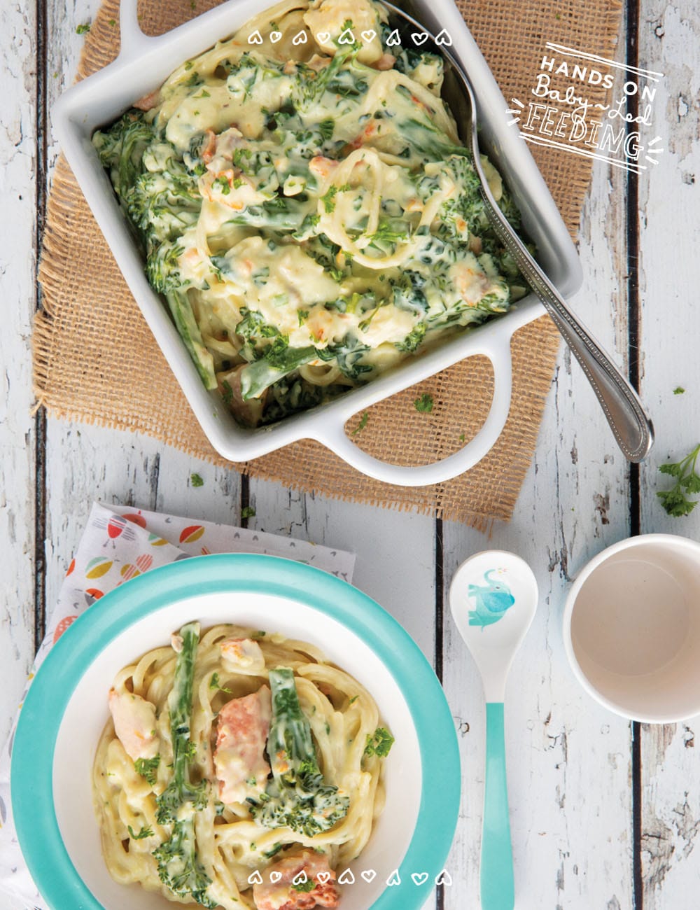 Baby Led Weaning friendly creamy seafood pasta with crushed garlic, Irish cream, tenderstem broccoli, and kale. An easy healthy recipe for the entire family that is loaded with Omega 3s, vitamin C, A, and K! #babyledweaning #babyledfeeding #pasta #seafood #seafoodpasta #familyfood