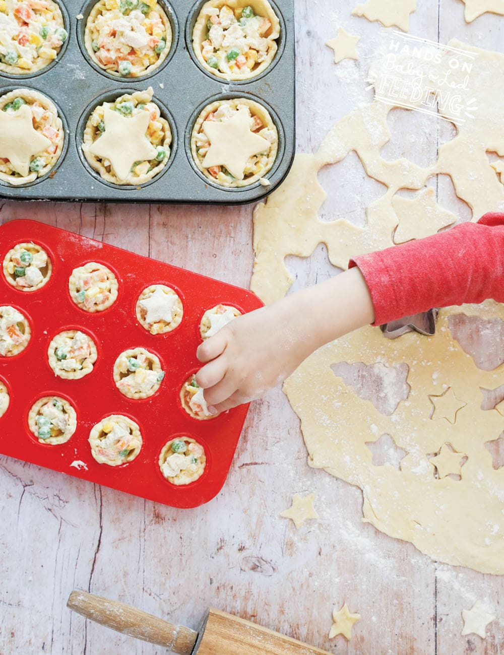 Turkey and Veggie Loaded Mini Pies. Easy recipe to use up your leftover turkey, chicken or even ham! Healthy family recipe loaded with carrots, peas, corn and seasoned with fresh thyme and dijon. A simple baby led weaning recipe that excellent to make ahead and freeze for busy families. #meatpie #potpie #babyledweaning #babyledfeeding #leftoverrecipe