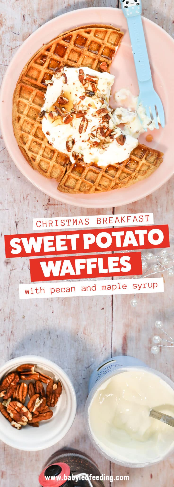 Easy and Healthy Sweet Potato Waffles with Crushed Pecans! Refined sugar free, baby led weaning friendly, family breakfast spiced with cinnamon, ginger, and ground nutmeg served with a dollop of protein rich Greek yogurt. #waffles #babyledfeeding #babyledweaning #sweetpotato #breakfast