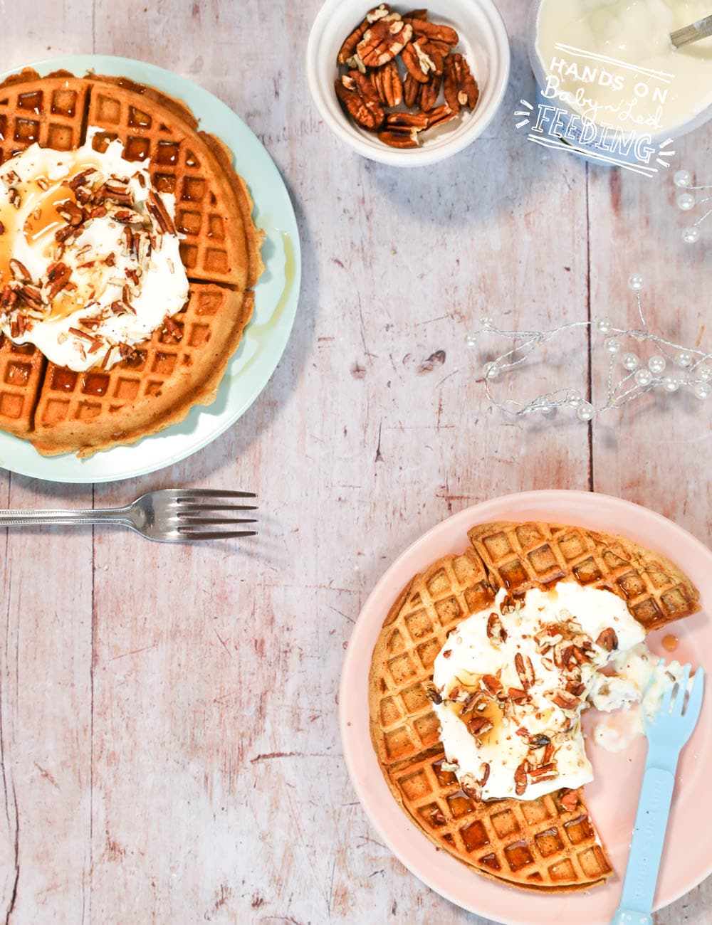 Easy and Healthy Sweet Potato Waffles with Crushed Pecans! Refined sugar free, baby led weaning friendly, family breakfast spiced with cinnamon, ginger, and ground nutmeg served with a dollop of protein rich Greek yogurt. #waffles #babyledfeeding #babyledweaning #sweetpotato #breakfast