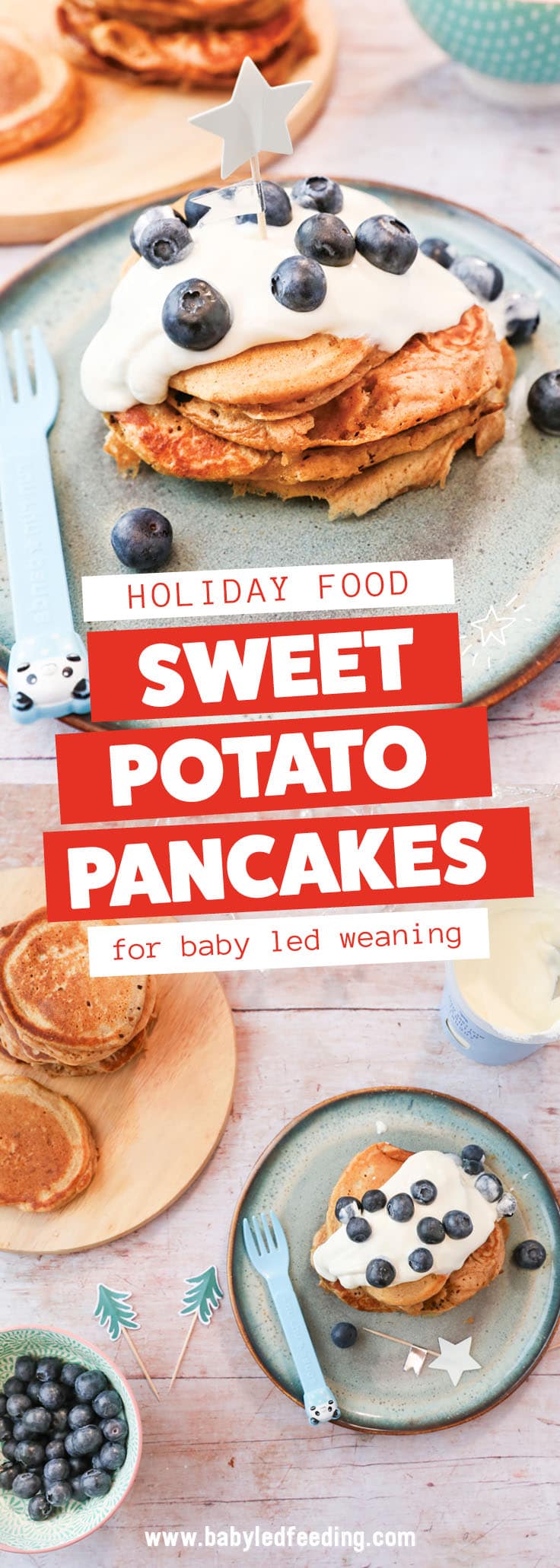 Light and fluffy sweet potato and buttermilk pancakes, spiced with cinnamon and nutmeg, topped with protein packed Greek yogurt and antioxidant rich blueberries. A healthy baby led weaning breakfast. This easy recipe makes a festive Christmas breakfast recipe! #sweetpotato #pancakes #christmasrecipe #holidayrecipe #babyledweaning #babyledfeeding
