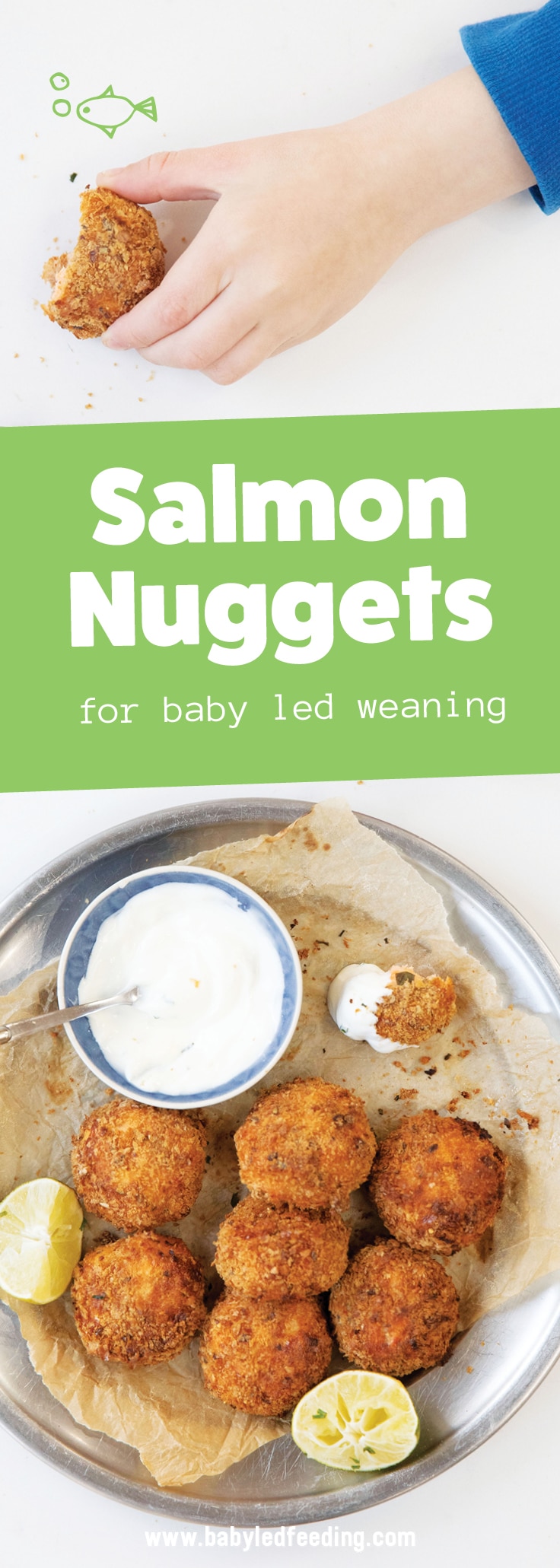 Easy Salmon Nugget Recipe for Baby Led Weaning and Toddlers. This healthy recipe for kids is loaded with omega 3s, vitamin A, fiber, and vitamin K! Fresh salmon, nutrient packed spinach, and whole grain bread crumbs with a yogurt lime dipping sauce make this finger food an easy lunch or dinner choice for your little ones. Freezer friendly, low sodium, and free from refined sugars! It's like a homemade fish stick but WAY better!