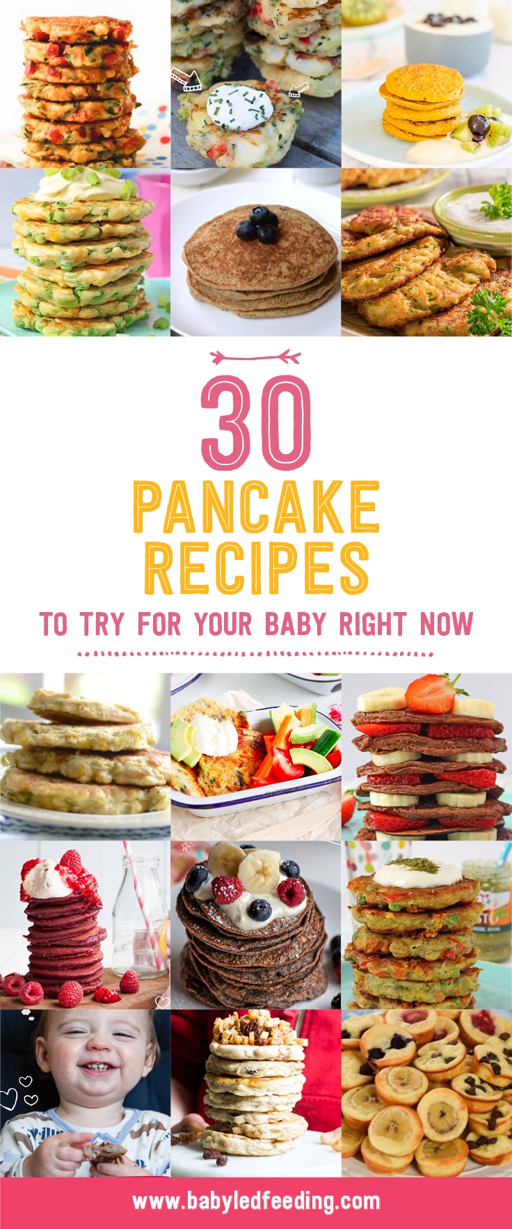 Ultimate List of Pancake Recipes! Baby pancakes, veggie pancakes, fruit pancakes, oat pancakes, wheat free pancakes, quinoa pancakes... Healthy sweet pancake and savory pancake recipe. Make ahead and freeze! The ultimate baby led weaning finger food! #pancakes #pancakerecipe #babyledweaning #pickyeater #fingerfood