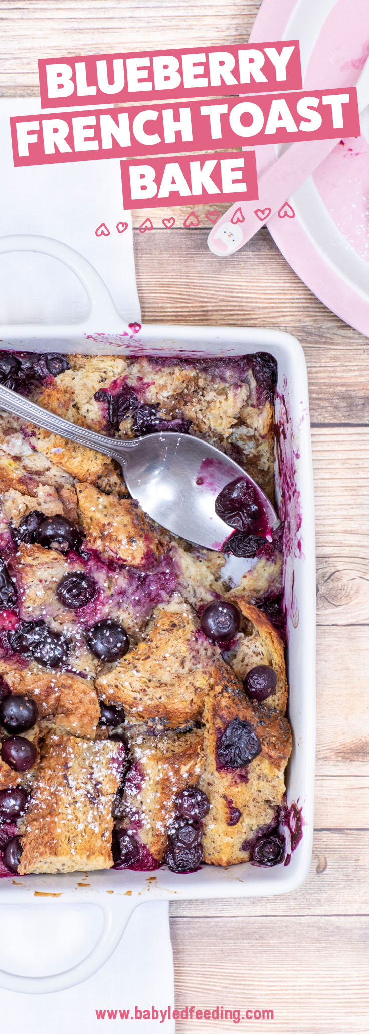 Lemon, Blueberries, and Chi seeds are just a few of the yummy healthy ingredients in this easy refined sugar free french toast bake! Simple step by step images make this baby led weaning recipe easy-to-make. Prepare ahead and bake the next morning for a quick and easy breakfast. #babyledweaning #babyledfeeding #frenchtoast #blueberryrecipe #mealprep
