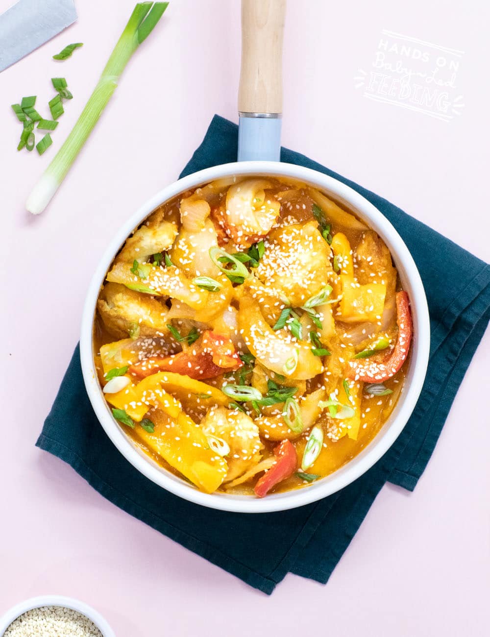 Refined Sugar Free Sweet & Sour Chicken with Tofu vegetarian option. Sweet and tangy pineapple, red peppers, yellow peppers, and fresh ginger make this Asian inspired dish a powerhouse for vitamin C. Make a double or triple batch for a freezer friendly quick meal for busy days. #babyledweaning #babyledfeeding #vitaminC
