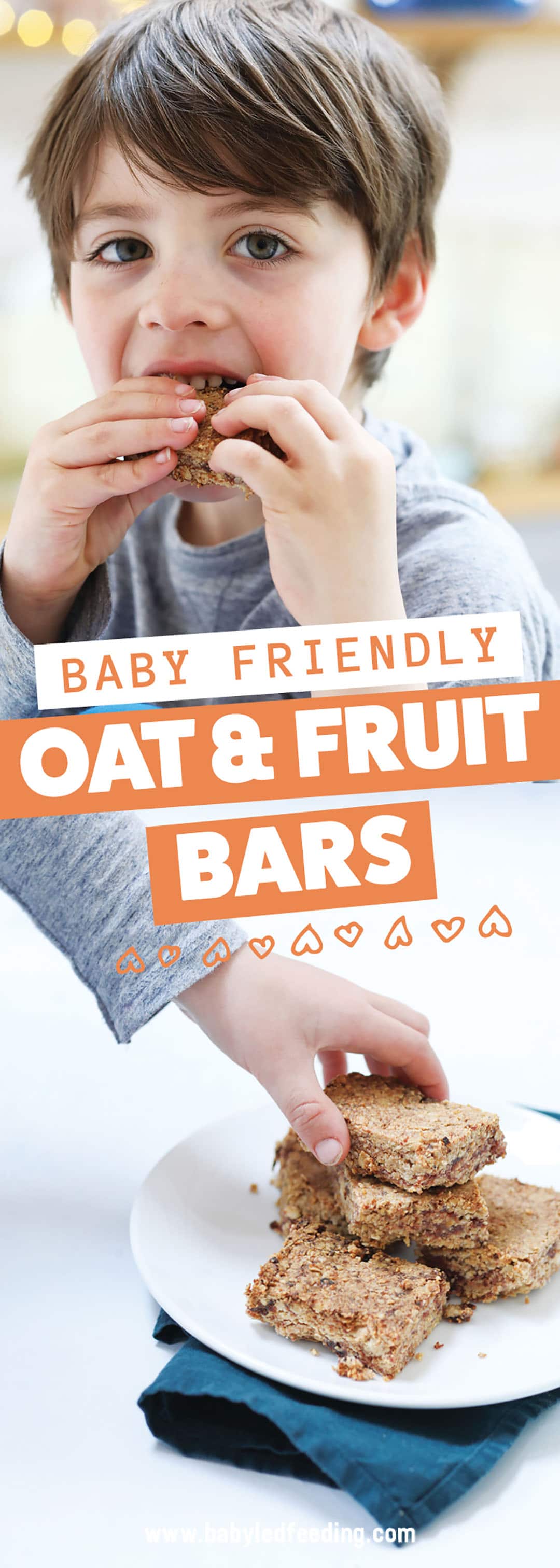 Super simple healthy snack bars for baby led weaning and kids. These easy oat bars have only 7 simple easy to find ingredients you probably already have in your pantry. Make ahead and snack all week! #babyledweaning #oatbars #healthysnacks #refinedsugarfree