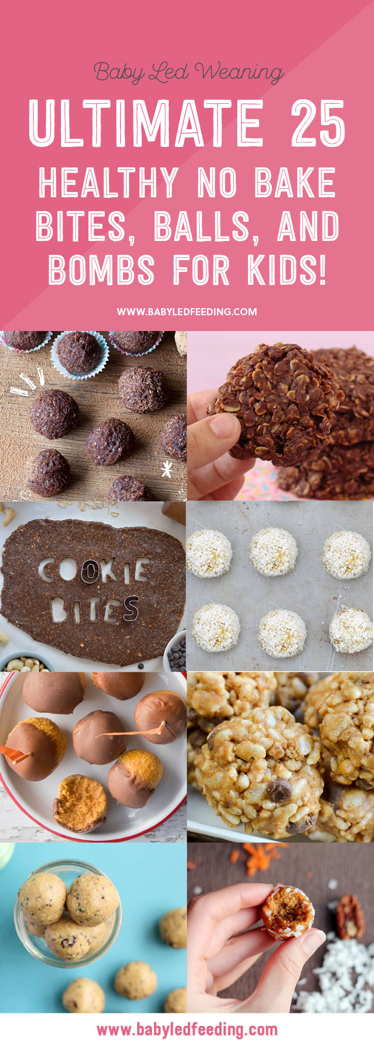 The Ultimate List of Healthy NO-BAKE Bites, Balls, and Bombs for Kids! Several paleo, vegan, gluten free and allergy friendly recipe included! Check out these super easy snack ideas! #refinedsugarfree #amazeballs #nobake #nobakebites #babyedfeeding #kidfood #healthysnacks #nobakebombs