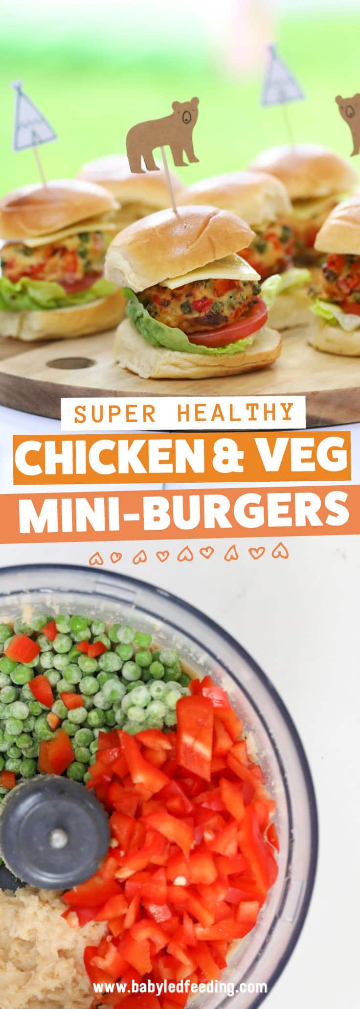 Baby Friendly Mini Chicken & Veggie Burgers are packed with nutritious veggies like peas and bell peppers. This healthy finger food dinner is an easy recipe that you can feed the entire family. You can also make ahead and freeze the patties for a quick healthy baby led feeding lunch or dinner later! #chickenburgers #babyledweaning #babyledfeeding #pickyeater #healthyrecipe