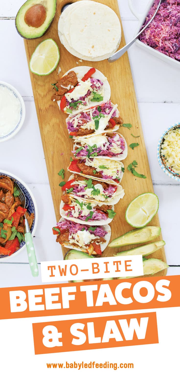 Two-Bite Beef Tacos with Sweet &Tangy Fresh Slaw. These easy little tacos are irresistible! Fully of healthy veggies hidden behind delicious homemade seasoning and a tangy sweet slaw made with apples, Greek yogurt and lemon. This easy healthy dinner is kid friendly, toddler friendly, and safe for baby led weaning. #babyledweaning #babyledfeeding #tacos #pickyeaters #kidfood #healthyrecipe