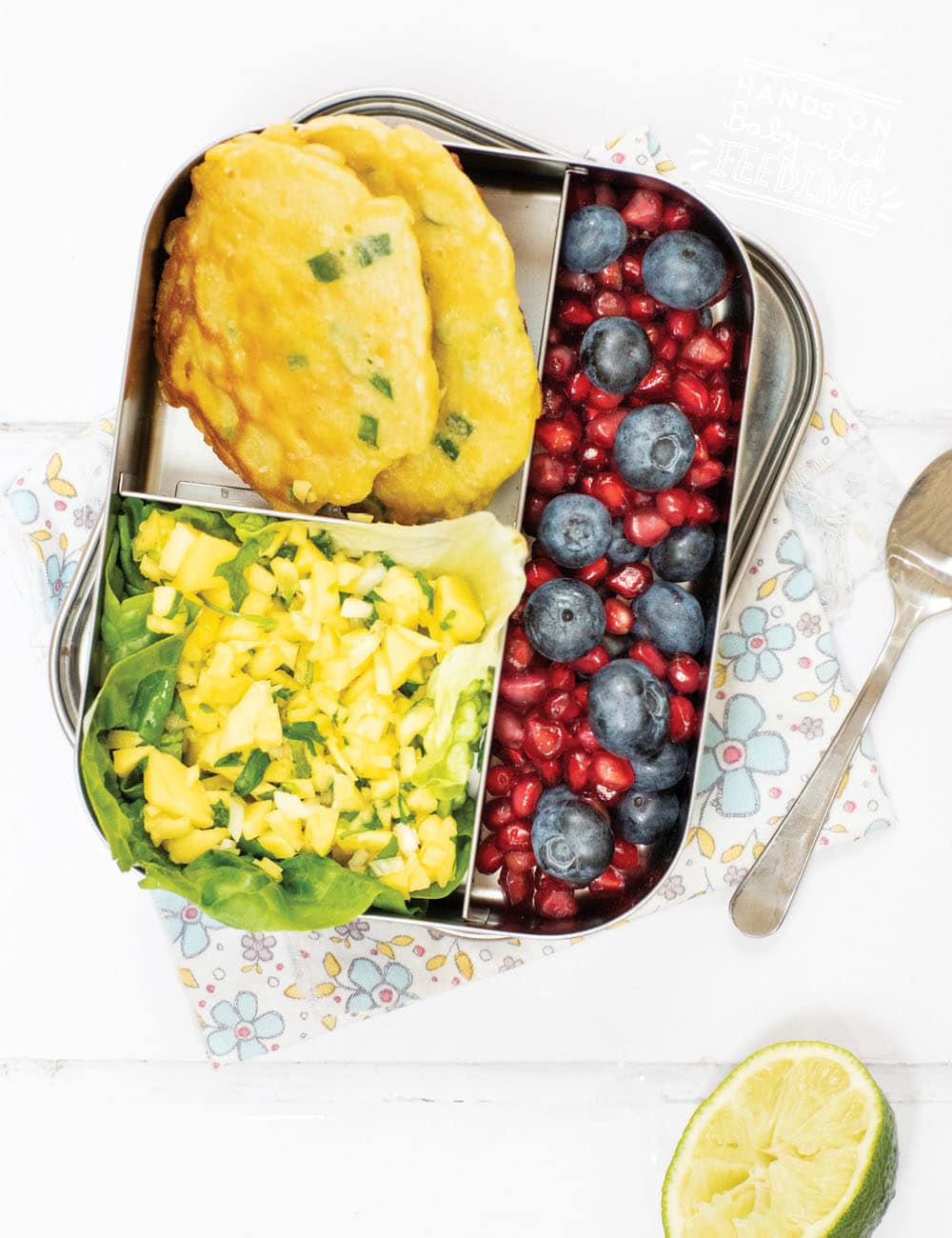 Sweetcorn Fritters with EASY Mango Salsa is one of the easiest lunchbox ideas you'll add to your bento box! Made with common kitchen ingredients and simple steps. This easy healthy finger food is super for picky eaters, toddlers, kids, and baby led weaning! #fingerfood #lunchbox #bentobox #backtoschool #fritters