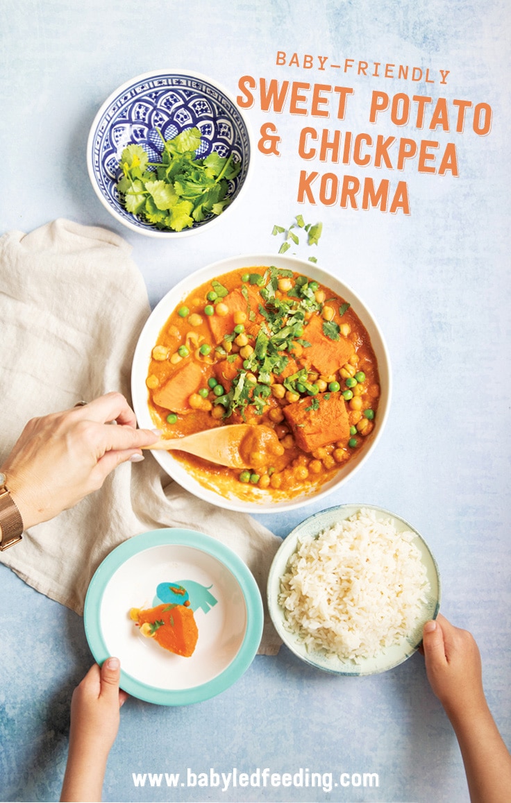 Baby Led Weaning Vegan Slow Cooker Chickpea & Sweet Potato Korma- Baby friendly recipe that is a healthy family dinner too! 4 hours in a crock-pot or 2 in the oven! #babyledweaning #VEGAN #slowcooker #DAIRYFREE #babyledfeeding