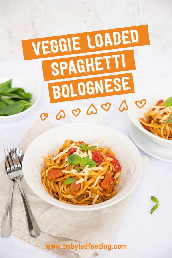 Make-ahead spaghetti bolognese loaded with veggies. Easy and healthy baby led weaning family dinner that can be batch cooked for meal prep! Vegetarian, dairy free, nut free, refined sugar free, egg free, vegan option.