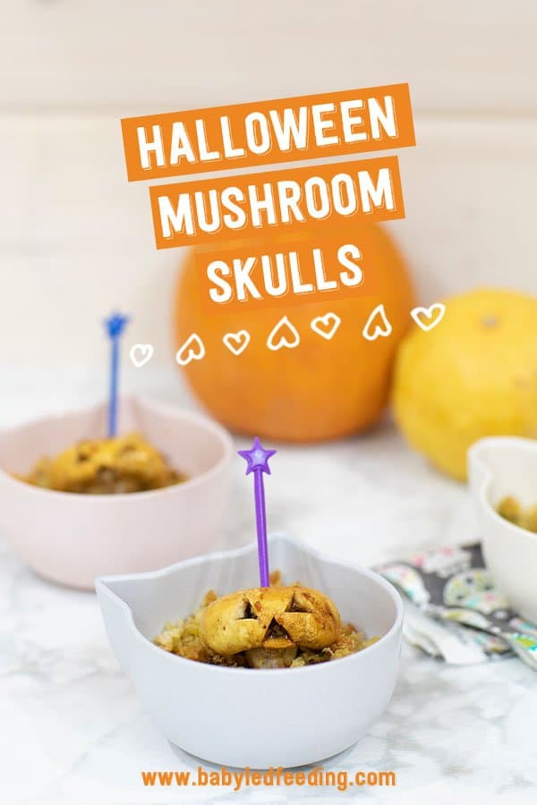 Healthy Halloween food! Garlic mushroom skulls. Vegan, vegetarian, dairy free, nut free, egg free and kid friendly!