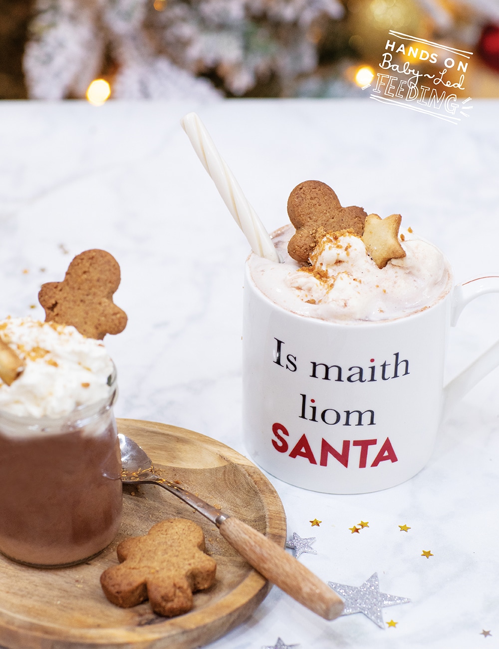 Refined sugar free, homemade gingerbread hot chocolate with fresh coconut whipped cream! Vegan recipe- choose your own milk. Lactose free. Baby and toddler friendly Christmas recipe. #christmasrecipe #hotchocolate #vegan #lactosefree