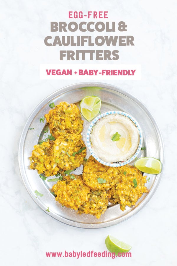 Egg free broccoli and cauliflower fritters for baby-led weaning. Easy and healthy vegan finger food for babies and toddlers. This healthy lunch or dinner recipe is baked in the oven not fried! #babyledweaning #fritters #eggfree #vegan #eggfree #healthylunch