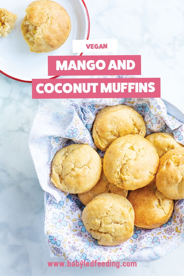 Baby led weaning coconut mango muffins. Egg free muffins that use a flax egg (or regular eggs). Freezer friendly, make ahead, healthy breakfast recipe for kids, toddlers, and babies! #babyledweaning #mango #muffins #vegan #flaxegg