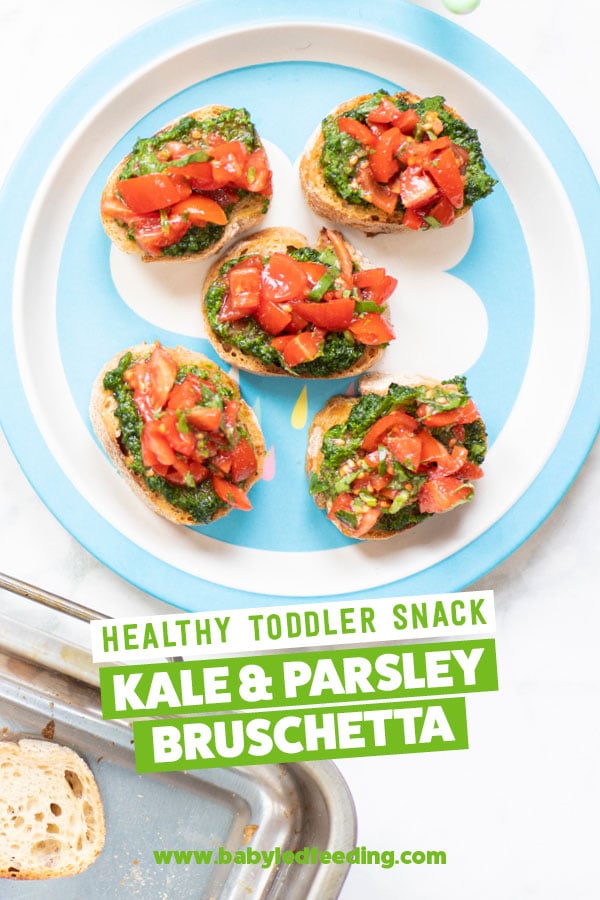 Kale & Parsley Bruschetta for toddlers. Healthy ideas for snacks for toddlers and babies. Bruschetta makes an excellent party food or side dish. #kale #bruschetta #babyledweaning #babyledfeeding #babyfood #appetizer