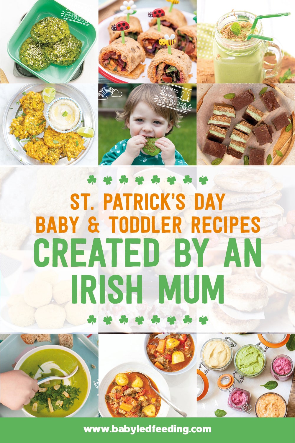 St. Patricks Day Recipes for kids created by an Irish Mum! Healthy recipe that are baby and toddler-friendly. Healthy shamrock shake, veggie-loaded mini cottage pies, refined sugar-free mint chocolate slice, traditional Irish stew, and seafood chowder... Irish party recipe for a fun Saint Patrick's Day! #stpatricksday #Irishfood #irish #kissmeimirish #babyledweaning #kidpartyfood #appetizers