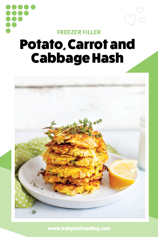 Freezer friendly healthy hash browns loaded with veggies! Easy healthy finger food appetizer or side dish for baby-led weaning. #hashbrown #fingerfood #hiddenveggies #pickyeaters #freezerfriendly #babyledweaning #babyledfeeding #cabbagerecipes #carrots #potatoes