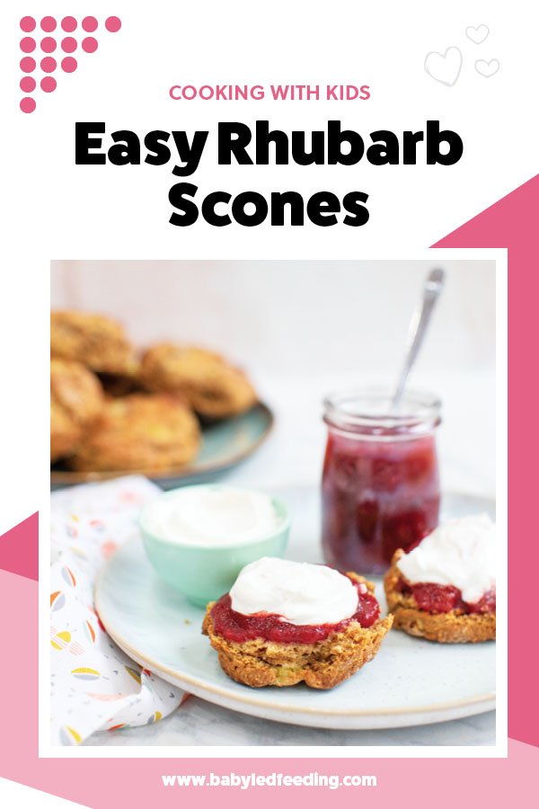 Healthy Rhubarb Scones for baby led weaning! A healthy snack idea for babies and toddlers! These healthy scones are naturally sweetened, made with whole wheat flour, and protein-rich Greek yogurt.  #babyledweaning #babyledfeeding #kidscookalong #babyrecipe #weaningrecipe #scones #rhubarb 
