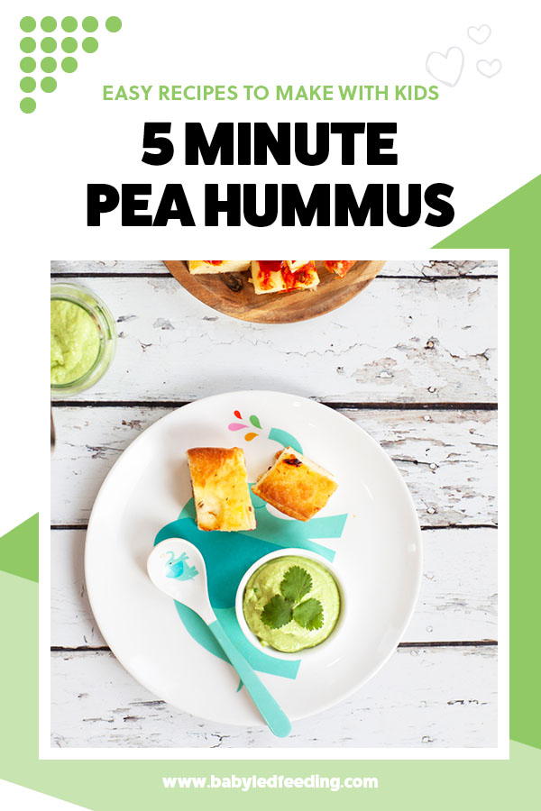5 Minute Sweet Pea Hummus for Baby Led Weaning. A healthy hummus recipe, full of veggies! Hummus makes a super healthy dip for toddlers and babies! This fun savory snack for baby is vegan and dairy-free. #babyledweaning #babyledfeeding #hummus #vegan #dairyfree #eggfree #dipdip #healthysnacks #healthydips #healthyrecipe #cookingwithkids