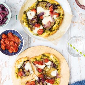 Quick Pizza Dough with Pesto and Roasted Veggies