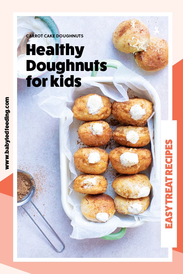 AMAZING Carrot Cake Donuts With Cream Cheese Filling- They're healthy doughnuts too! These baked donuts are naturally sweetened and refined sugar-free. The filling is absolutely delicious but is made with a healthy and surprising twist! #babyledweaning #babyledfeeding #toddlerfood #donuts #doughnuts #bakeddoughnut #yeastdoughnut #healthycreamfrosting #easydoughnutrecipe #healthydoughnutrecipe