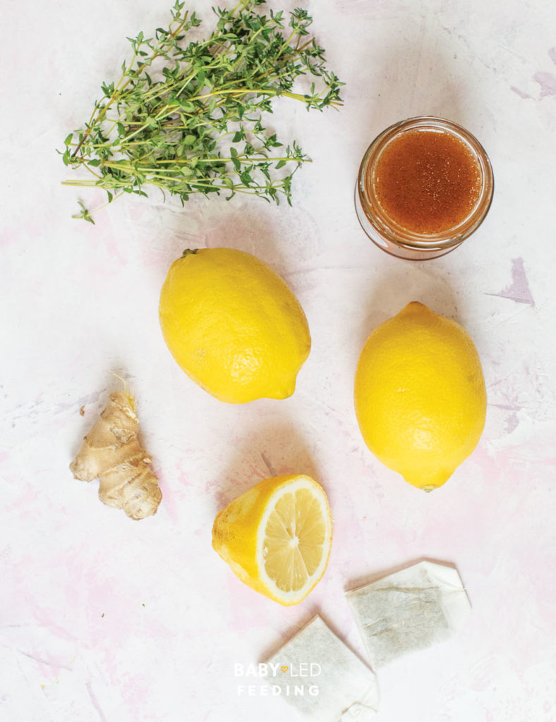 Sore Throat Natural Remedies drink ingredients - lemon and ginger tea with chamomile and thyme
